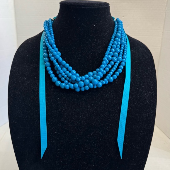 Sugarfix Teal Layered Multi Strand Acrylic Statement Necklace Ribbon Tie Detail - Picture 6 of 16